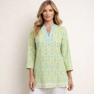 J. McLaughlin Catalina Cloth Yellow and Blue Patterned Split neck Tunic Top SzXS